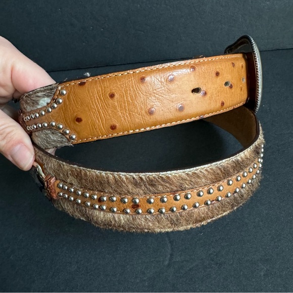 Ostrich Leather Belt Mens 38 Cowhide Exotic Studded Embellished Cowboy Western - Picture 4 of 15
